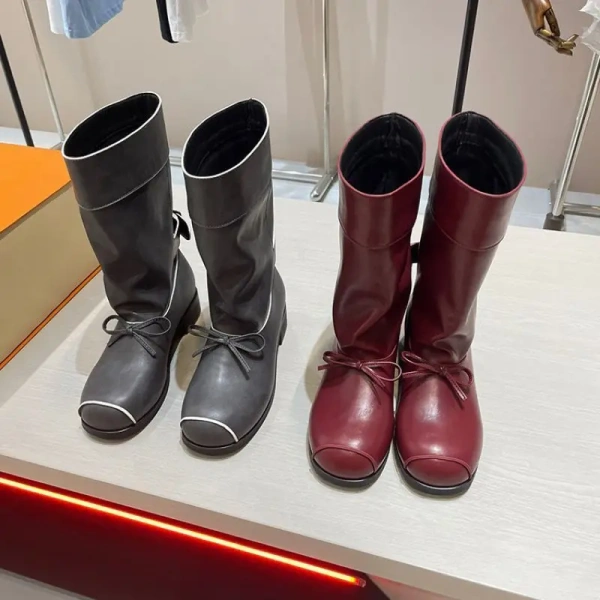 2025 New Fashion Bow Sweet Temperament Round Head Mid-calf Boots Soft and Comfortable Retro Wide Tube Fashion Boot - Image 3