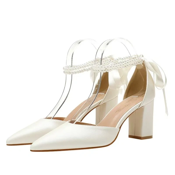 Women's Summer Fashion Sandals with Pointed Shallow Heels Height Increasing Soft Sexy Pearl Word Design - Image 2