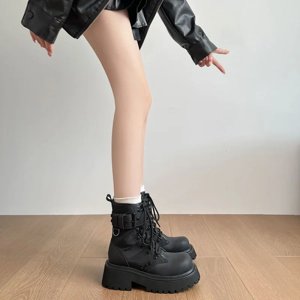 Autumn Winter New Fashionable Retro Round Toe Lace up Middle Heel Short Boot Belt Buckle Thick Heel Thick Bottom Motorcycle Boot - Image 3