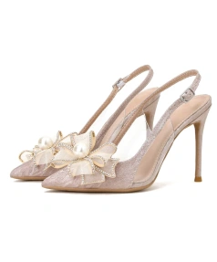 New European and American Pointed Shallow Mouth Pearl butterfly Wedding Shoes, New Bridal Shoes with Toe Caps, Women's Sandals