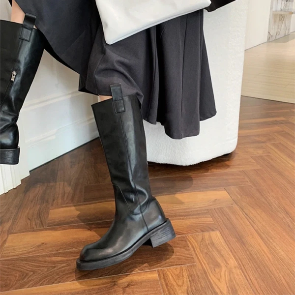 2025 Winter New Fashion Retro Commute Thick Heel Long Canister Long Boots Round Head Leather High Barrel Chelsea Long Boots - Image 5