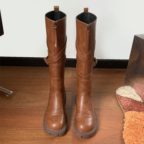 2024New Front Zipper Thick Bottom Increase Knight Boot Fashion Retro Thick Heel High Canister Boot Belt Buckle Women's Long Boot - Image 4