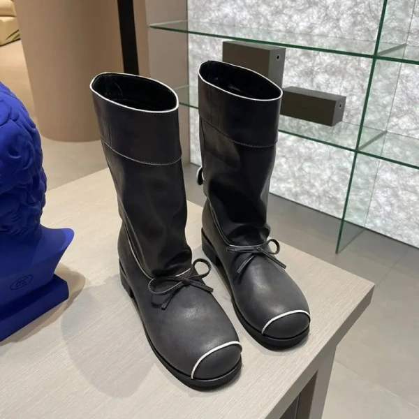 2025 New Fashion Bow Sweet Temperament Round Head Mid-calf Boots Soft and Comfortable Retro Wide Tube Fashion Boot - Image 2