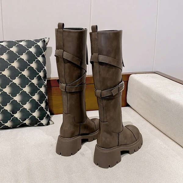 2024New Front Zipper Thick Bottom Increase Knight Boot Fashion Retro Thick Heel High Canister Boot Belt Buckle Women's Long Boot - Image 2