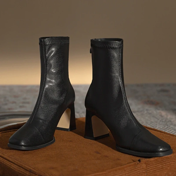 2025 New Fashion Simple Thick Heel Square Head Short Boot with Velvet Elastic Force Waterproof Upper Back High-Heel Boot - Image 2