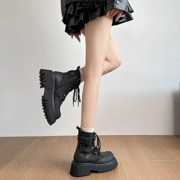 Autumn Winter New Fashionable Retro Round Toe Lace up Middle Heel Short Boot Belt Buckle Thick Heel Thick Bottom Motorcycle Boot - Image 6