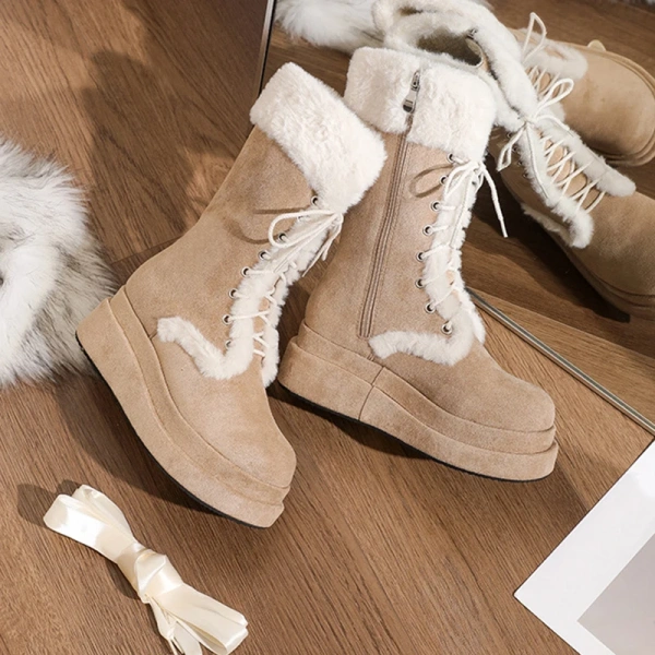2025 New Round Head Middle Tube Lace-up Boot Skin Hair Integrated Snow Boot Thickened Plus Velvet Warm Mid-calf Knight Boot - Image 5