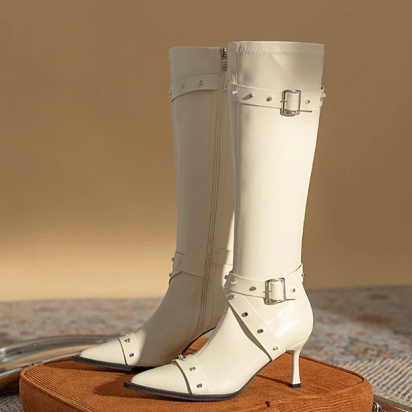 2025 New Fashionable Personalized Rivet Rivet Belt Buckle Stiletto High Heels Long Boot Soft Comfortable Cowboy Boot High Boot - Image 2