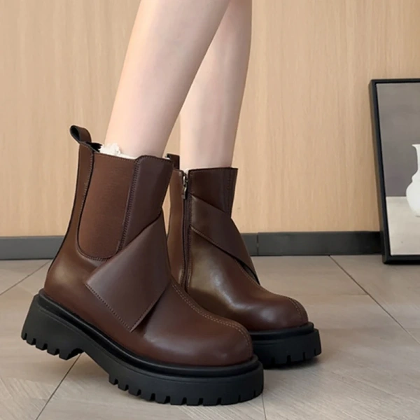2025 New Fashionable Retro Round Head Thick Bottom Thick Heel Chelsea Short Boot Side Zipper Middle Heel Motorcycle Boot - Image 4