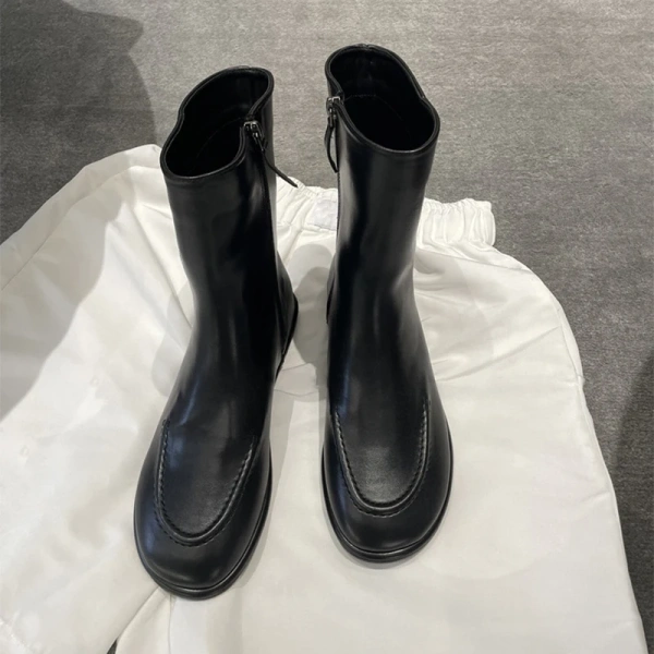 2025 Fall Winter New Fashion Retro Side Zipper Middle Tube Boot Soft and Comfortable Flat Bottomed Genuine Leather Short Boot - Image 4