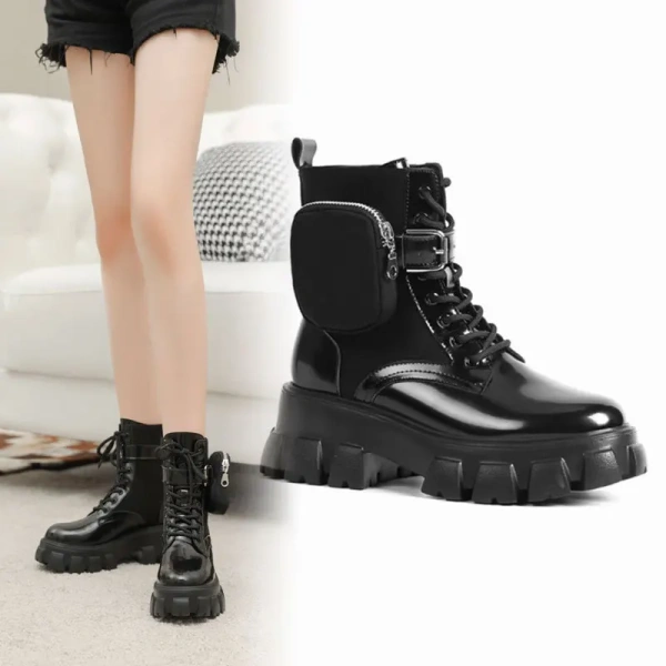 2025 Winter British Style Motorcycle Boots Waterproof New Patent Leather Pocket Bag Short Boots Lace Thick Soled Sponge Shoes