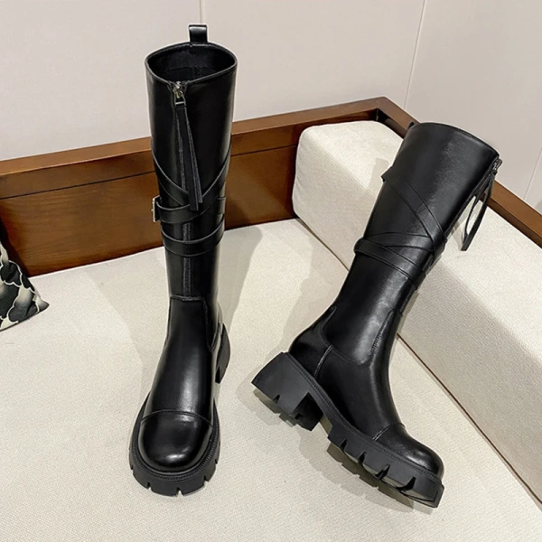 2024New Front Zipper Thick Bottom Increase Knight Boot Fashion Retro Thick Heel High Canister Boot Belt Buckle Women's Long Boot - Image 6