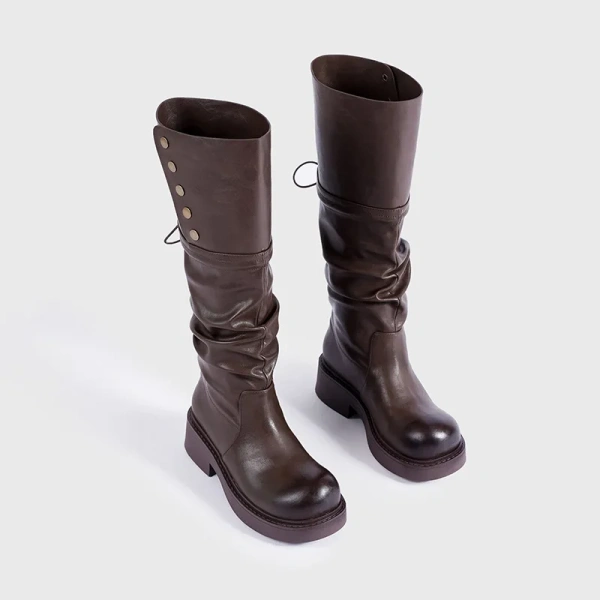 2024Autumn Winter New Fashionable Fold Two Dressed Long Canister Boot Coarse Following Round Toe Thick Bottom Not Knee Long Boot - Image 5