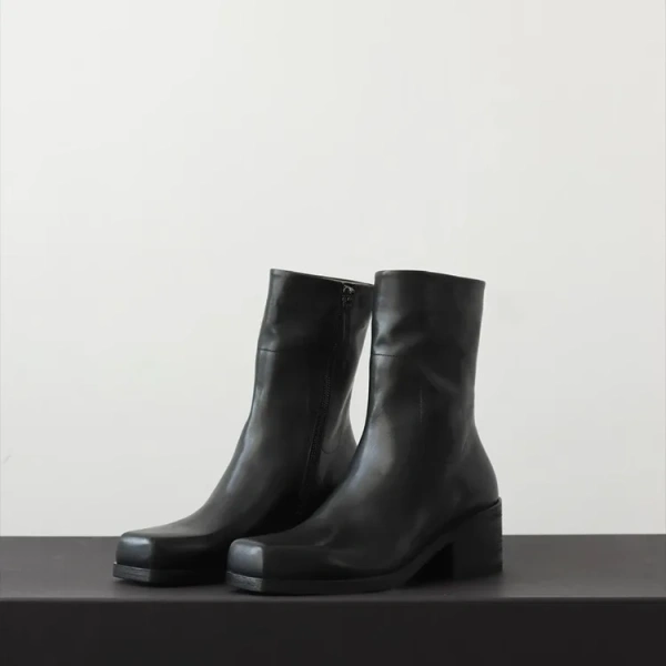 2025 Fashion New Simple Personality square Head Chunky Heel Mid-calf Boots Fashion Retro Really Leather Side Zipper Knight Boots - Image 6