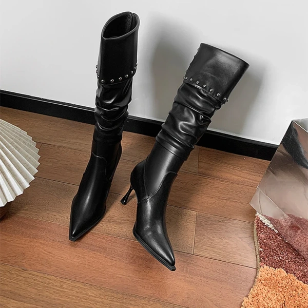 2025 New Fashions Personality Rivets High-heeled Knight Boot Soft Comfortable Women's Boot Pointed Fine High-heeled Long Boot - Image 5