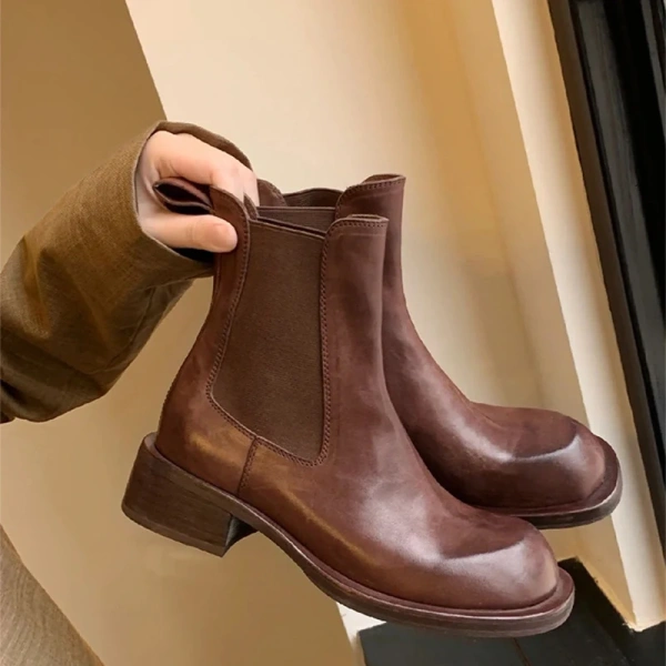 2025 Autumn Winter New Fashionable Retro Head Genuine Leather Coarse Heel Short Boot Soft Comfortable Chelsea Boot Waterproof - Image 2