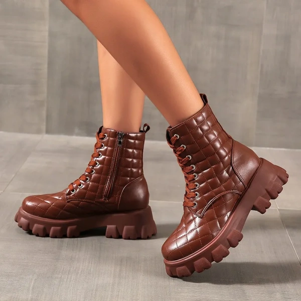 2025 Autumn Winter Women's Fashion Ankle Boots Thick Bottom Lacing Sexy Metal Zipper Plaid Chunky Heel Waterproof Casual Shoes - Image 6