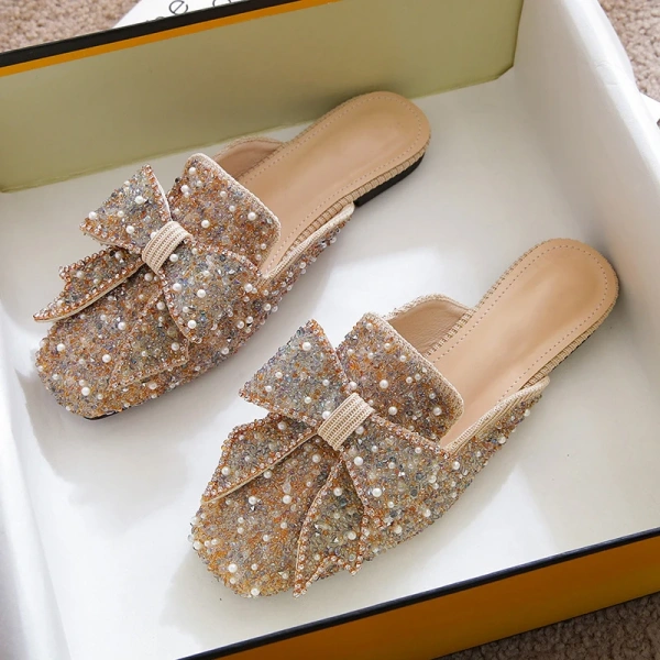 2025 Fashionable, Sweet and Elegant Bow Baotou Half Slippers, Sexy and Luxurious Pearl Water Diamond Flat Beach Sandals - Image 5