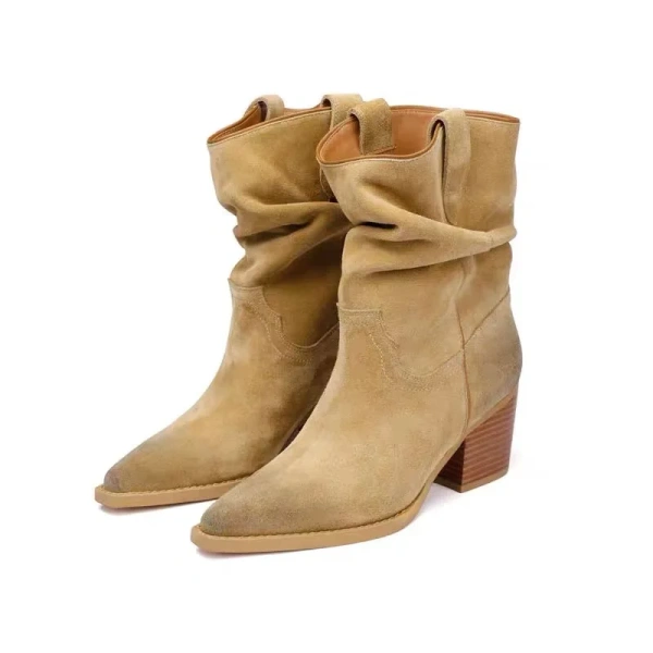 2025 Fall and Winter New Fashion Simple Cowboy Boot Brown Pointed Toe Coarse Following Mid Calf Short Canister Boot - Image 4