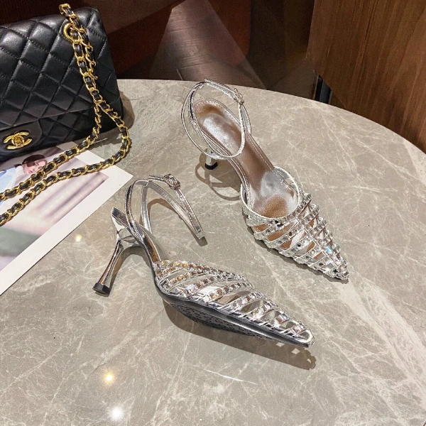 European and American Sexy Hollow Pointed Straight Buckle High-heeled Shoes Luxury Fashion Banquet Rhinestone Toe Hollow Sandals - Image 2