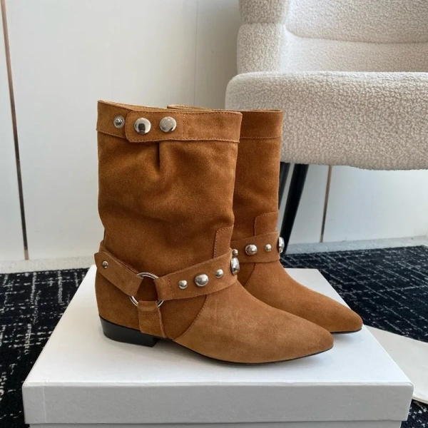 2024New Retro Rivet Wide Tube Western Cowboy Boots Pointed, Slim and Short Boots Short Tube Stacking Boots for Women Flat Bottom - Image 2