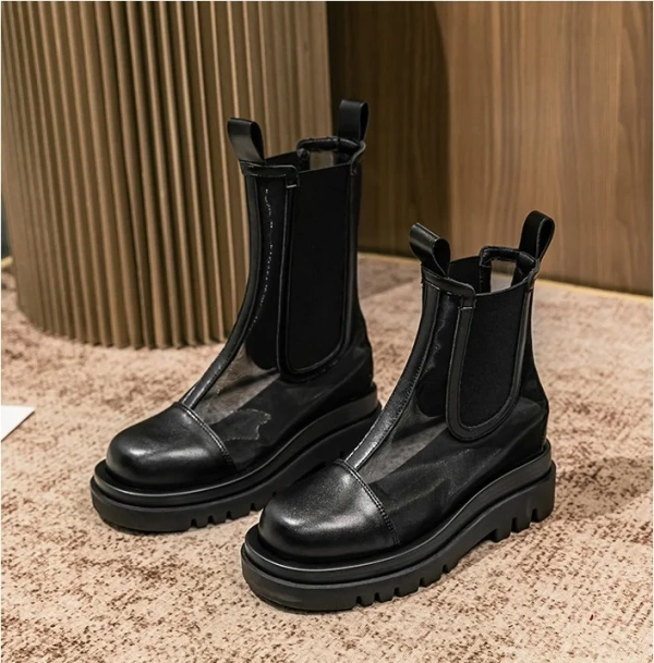 2025 Winter New Yicheng Boots Leather Mesh chelsea Sexy Casual Outdoor Round Toe Chunky High Heel Platform Korean Ankle Boots - Image 6