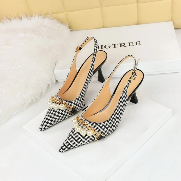 New Elegant Sexy Super High Heel Pointed Toe Shallow Mouth Banquet Fashion Sexy Fashion Pearls Metal Chain Casual Work Shoes - Image 4