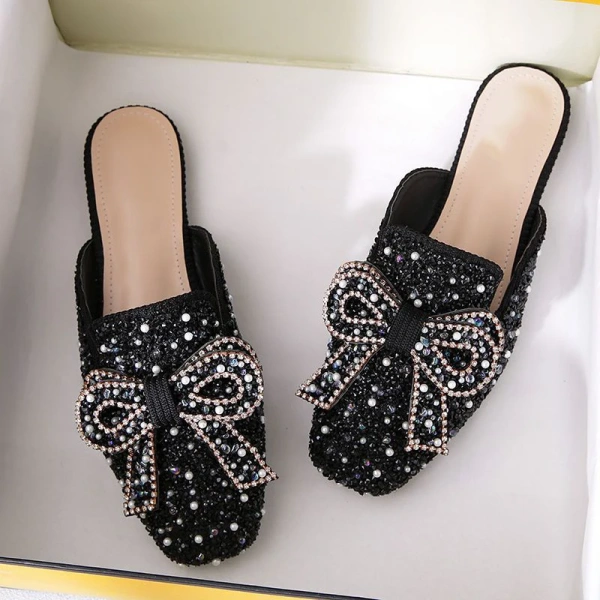 2025 Fashionable, Sweet and Elegant Bow Baotou Half Slippers, Sexy and Luxurious Pearl Water Diamond Flat Beach Sandals - Image 3