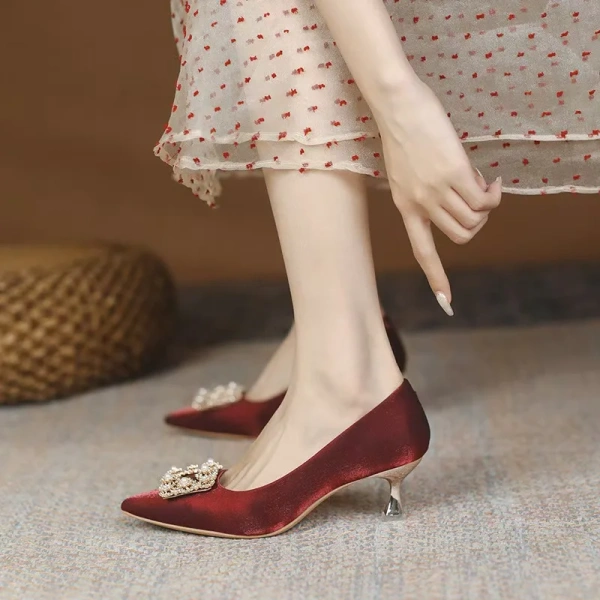 He Xiu Women's Red Wedding High Heels Slip-On Pointed Spring Autumn Bride Shoes-Not Tired of Wearing for Weddings - Image 6