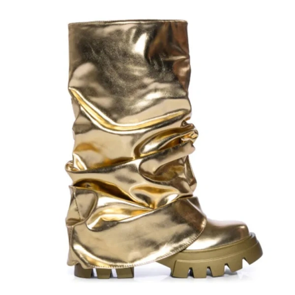 2025 Autumn Women Botas Round Toe Mid-Calf Silver Gold Thick Bottom Trouser Legs Mujer Platform Boots