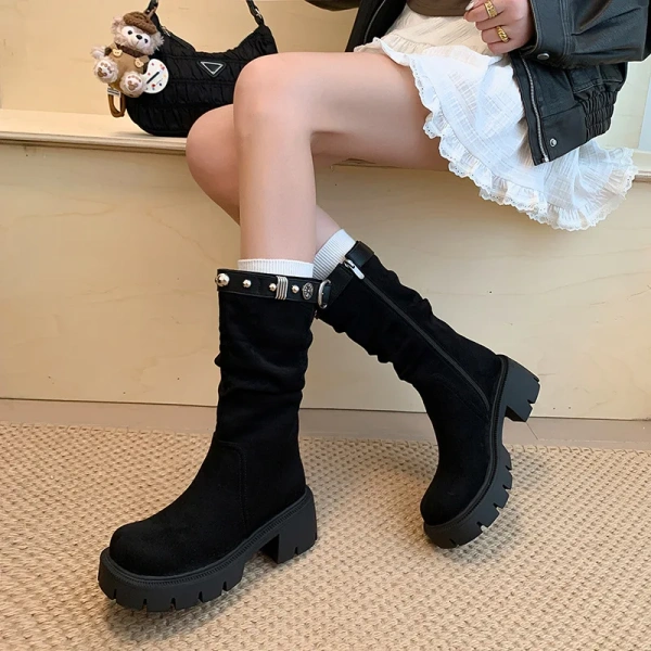2025 Autumn Winter Fashionable Retro Round Toe Thick Heel Middle Tube Boot with Willow Nail Belt Buckle Thick Sole Short Boot - Image 6