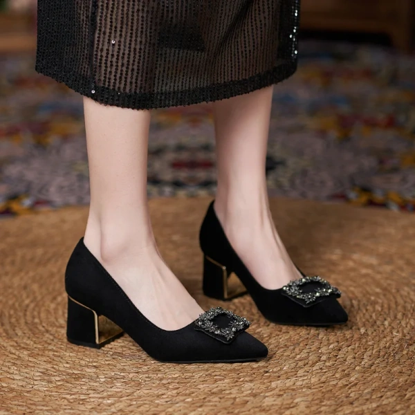 2025 Sh12452A Ladies High Heel Shoes Chunky Black Square Heels Height Increasing Feature Rubber Insole for Summer Winter Spring - Image 4