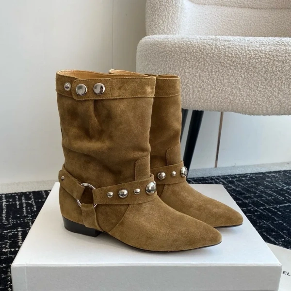 2024New Retro Rivet Wide Tube Western Cowboy Boots Pointed, Slim and Short Boots Short Tube Stacking Boots for Women Flat Bottom - Image 4