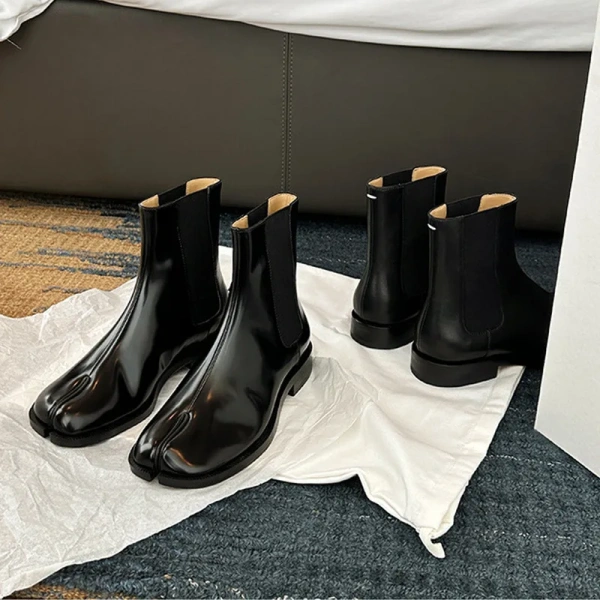 2025 Black Chunky Genuine Leather Chelsea Short Boot Comfortable Retro Fashion Simplicity Height Increasing Soft Split Toe - Image 2