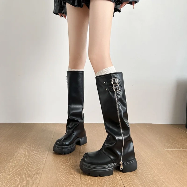 2025 Retro Fashion Knight Boot with Chunky Heel and Thick Bottom High Canister Western Cowboy Boot Winter Knee Belt Buckle