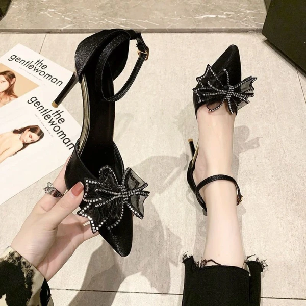 2025 New Hollow a Word with Rhinestone butterfly Wedding Shoes Fine Heel Pointed Head Baotou Fashion High-heeled Female Sandals - Image 5