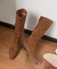 2025 Autumn/Winter New Pointed Coarse Heel Suede Surface Knight Boot Fashion Retro Low Heel Western Cowboy Boot