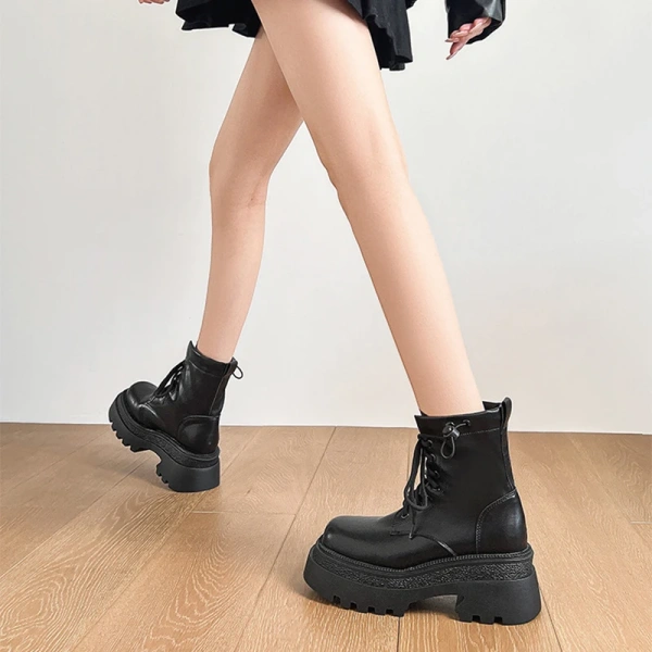 2025 Autumn Winter New Fashionable Retro Round Toe Lace up High-heeled Short Boot Waterproof Platform Thick Heel Short Tube Boot - Image 5