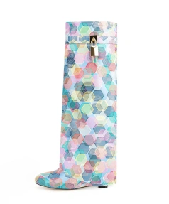 2025 Autumn Winter Lock Jewellery Geometric Print Colourful Zipper Outdoor Shopping Dating Warm Furry Wedge Heel Long Knee Boots