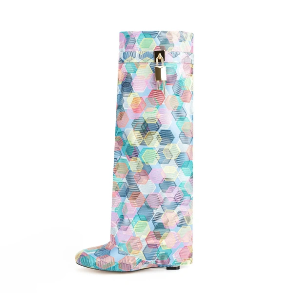 2025 Autumn Winter Lock Jewellery Geometric Print Colourful Zipper Outdoor Shopping Dating Warm Furry Wedge Heel Long Knee Boots