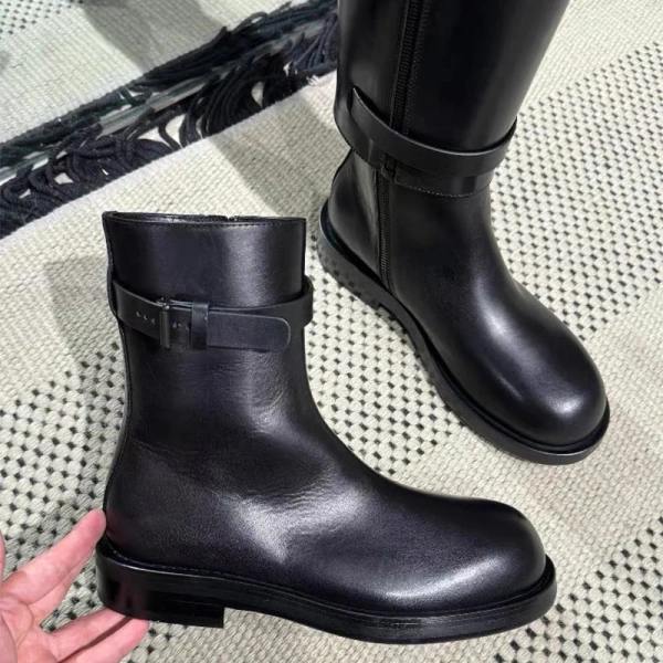 2025 Fashion Retro Round Toe Leather Short Heel Boots Classic Metal Tower Buckle Two Wear Removable Cowboy Boot - Image 3