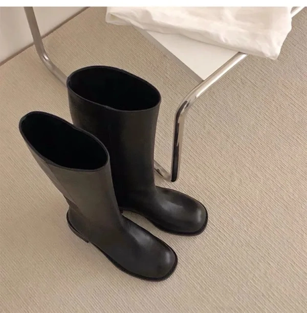 2025 Retro Fashion Waterproof Soft Comfortable Genuine Leather High Tube Boots Wide Canister Knight Boot Thick Heel Bottom Back - Image 2