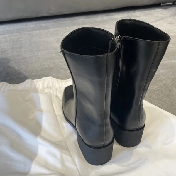 2025 Fall and Winter New Fashion Unique square Head Thick Heel Side Zipper Chelsea Boot Genuine Leather Thick Bottom Short Boot - Image 6