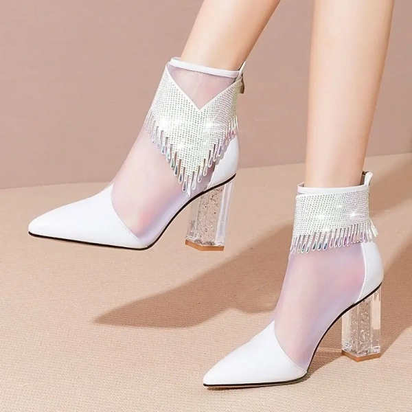 2025 European American Fashion Luxury Rhinestone Mesh Gauze Short Boot Thick Heels Pointed  Hollow Out High-heeled Sandals - Image 6
