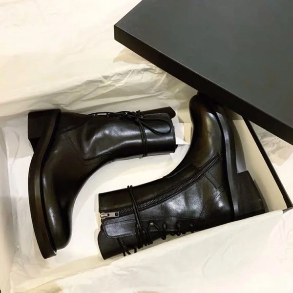 2025 Trend Yicheng Boots Leather Cowhide Lace up Zipper Boots Nightclub Outdoor Round Toe Chunky High Heel Platform Korean Boots - Image 6