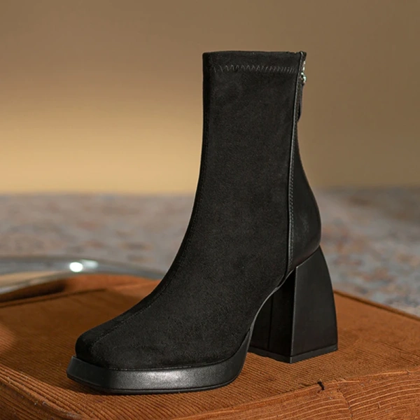 2025 New Fashion Sweet Sexy Thick Heel Fangtou Short Boot Soft Warm Add Velvet Knight Boot Back Zipper Elastic Force Boot - Image 2