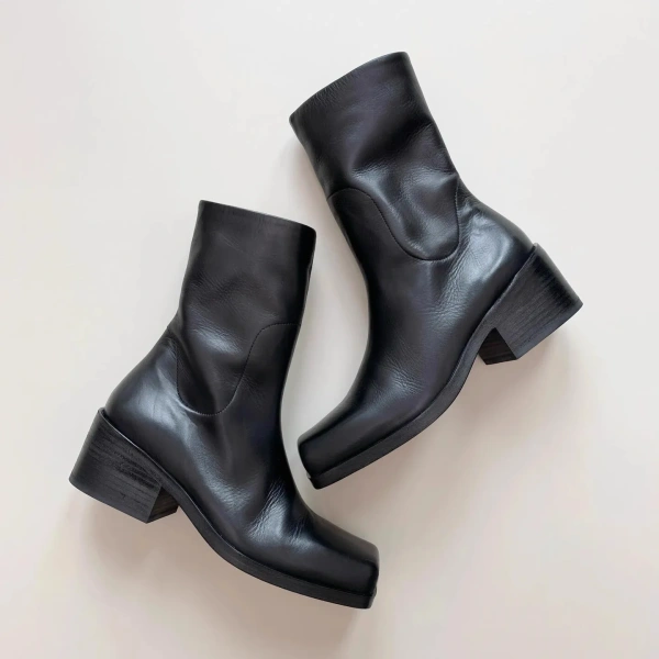 2025 Fashion New Simple Personality square Head Chunky Heel Mid-calf Boots Fashion Retro Really Leather Side Zipper Knight Boots - Image 2