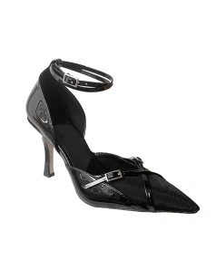 2025 Summer New Fashionable Sexy Black Mesh Gauze Pointed Hollow Fine Heels Versatile Metal One Piece Buckle with High Heels