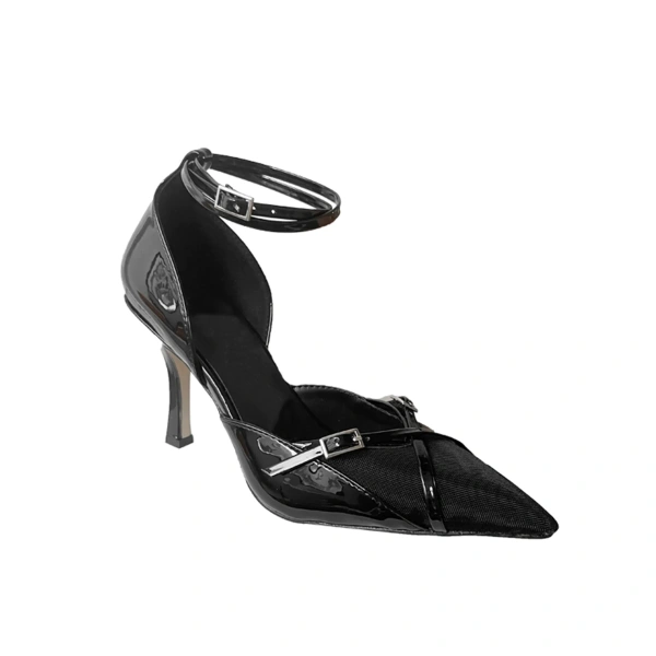2025 Summer New Fashionable Sexy Black Mesh Gauze Pointed Hollow Fine Heels Versatile Metal One Piece Buckle with High Heels