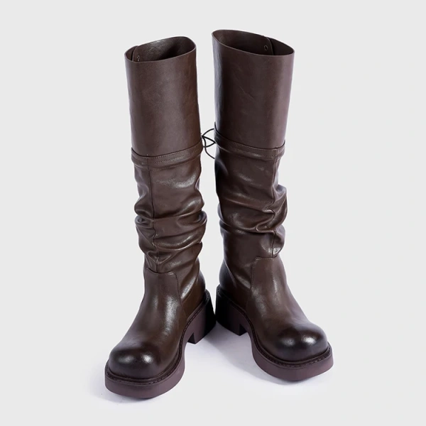2024Autumn Winter New Fashionable Fold Two Dressed Long Canister Boot Coarse Following Round Toe Thick Bottom Not Knee Long Boot - Image 4